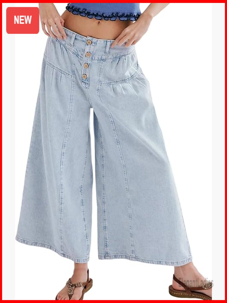 Mid Rise Wide Leg Jeans Elastic Waist Pleated Trousers Lightweight Denim